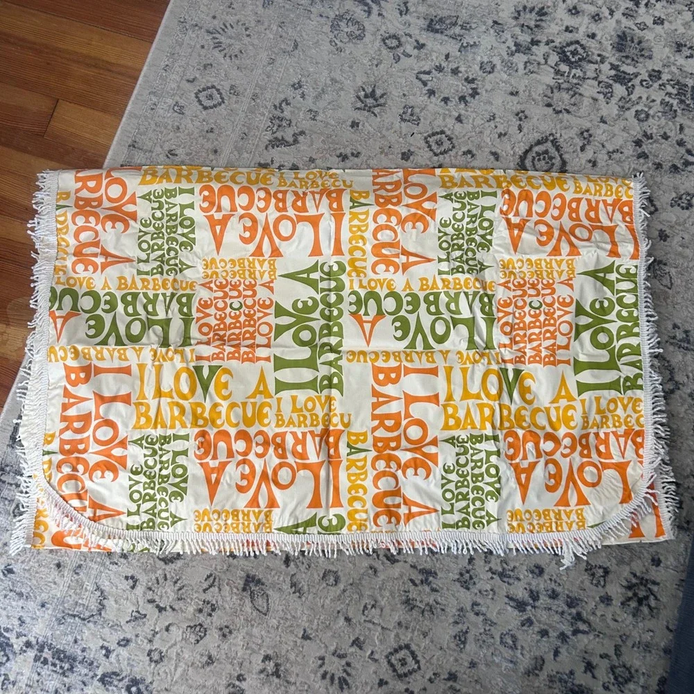 Vintage MCM I love BBQ Orange Yellow Green Vinyl Tablecloth 52x70